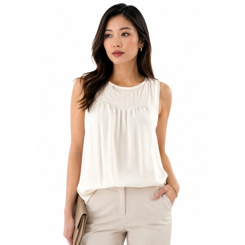 Ann Taylor LOFT White Sleeveless Pintuck Pleat Keyhole Back Blouse Top S 88-51